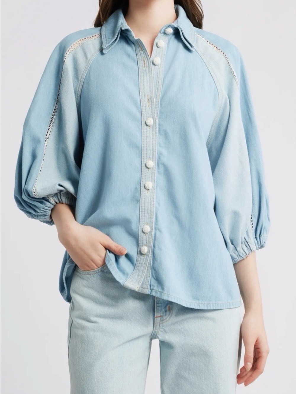 FARM Rio Two Tone Light Blue Balloon-Sleeve Denim Button-Front Shirt Small *flaw